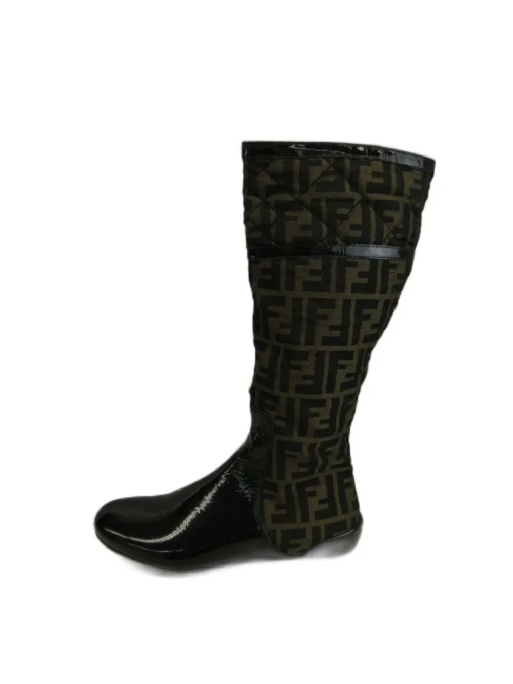 Fendi Long Boots Canvas Patent Cut Replacement Round Toe Flat Zucca Pattern